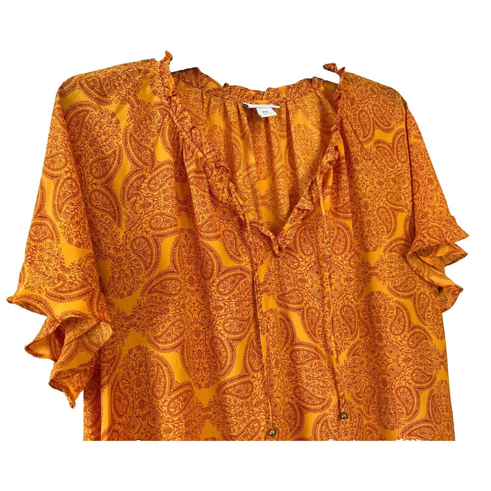 Liz Claiborne Boho Style Orange Paisley Print Flutter Sleeve Tie V-Neck Size XXL - Picture 4 of 8